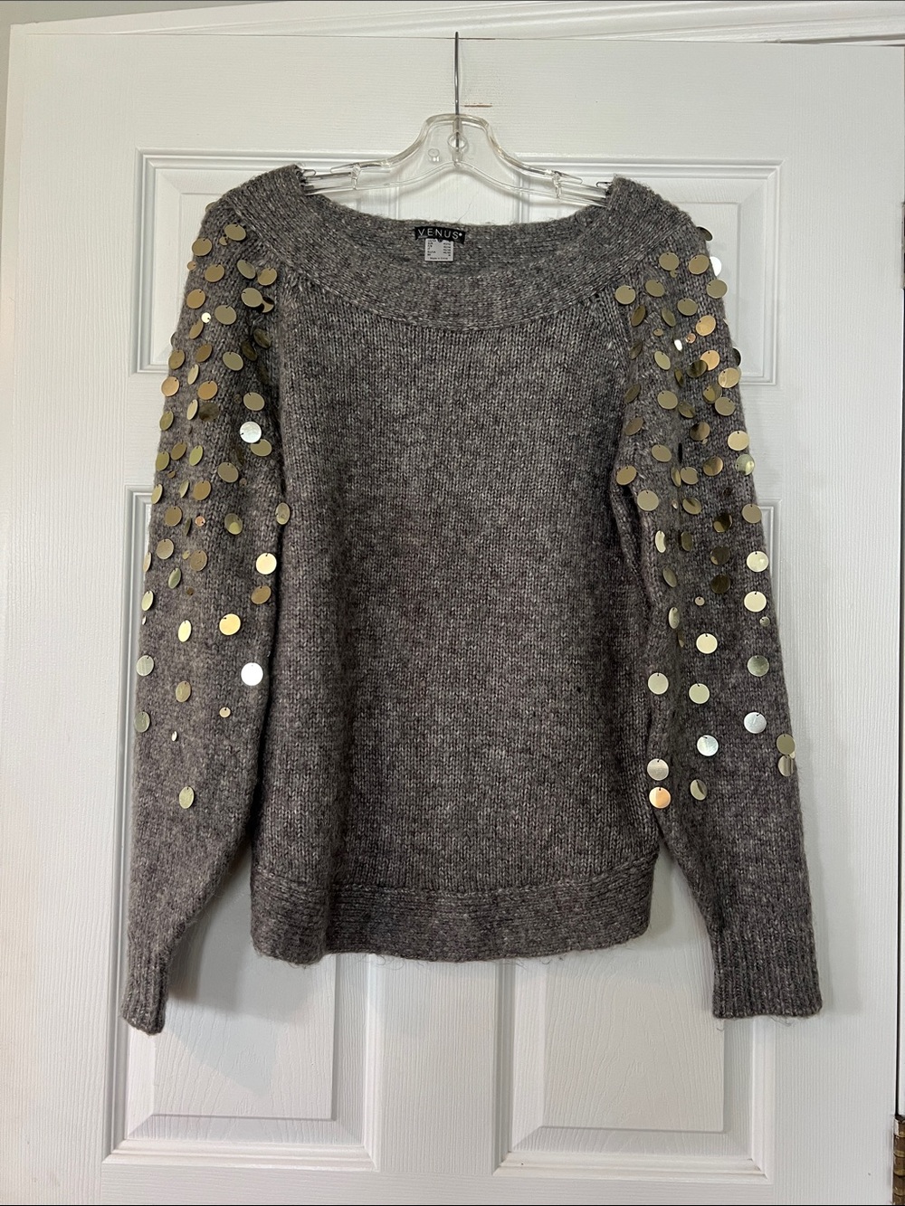 VENUS Gray Off-Shoulder Sweater with Gold Sequin Accents